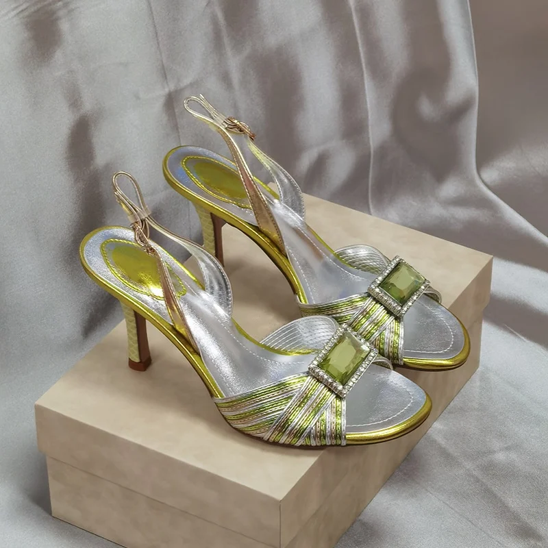 Women's Silver Metallic Peep-Toe Stiletto Heel Slingback Sandals Square Green Crystal Detail Design Ladies Luxurious High Heels
Women's Silver Metallic Peep-Toe Stiletto Heel Slingback Sandals Square Green Crystal Detail Design Ladies Luxurious High Heels