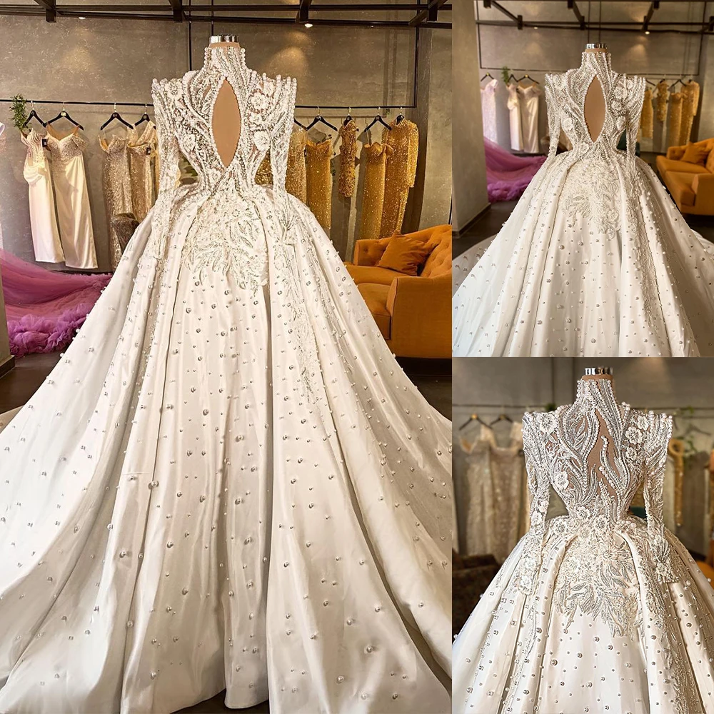 Exquisite Pearl Wedding Dresses High Neck Beads Bridal Gowns Detachable Train Custom Made Plus Size 3D Flowers Formal Dress
Exquisite Pearl Wedding Dresses High Neck Beads Bridal Gowns Detachable Train Custom Made Plus Size 3D Flowers Formal Dress