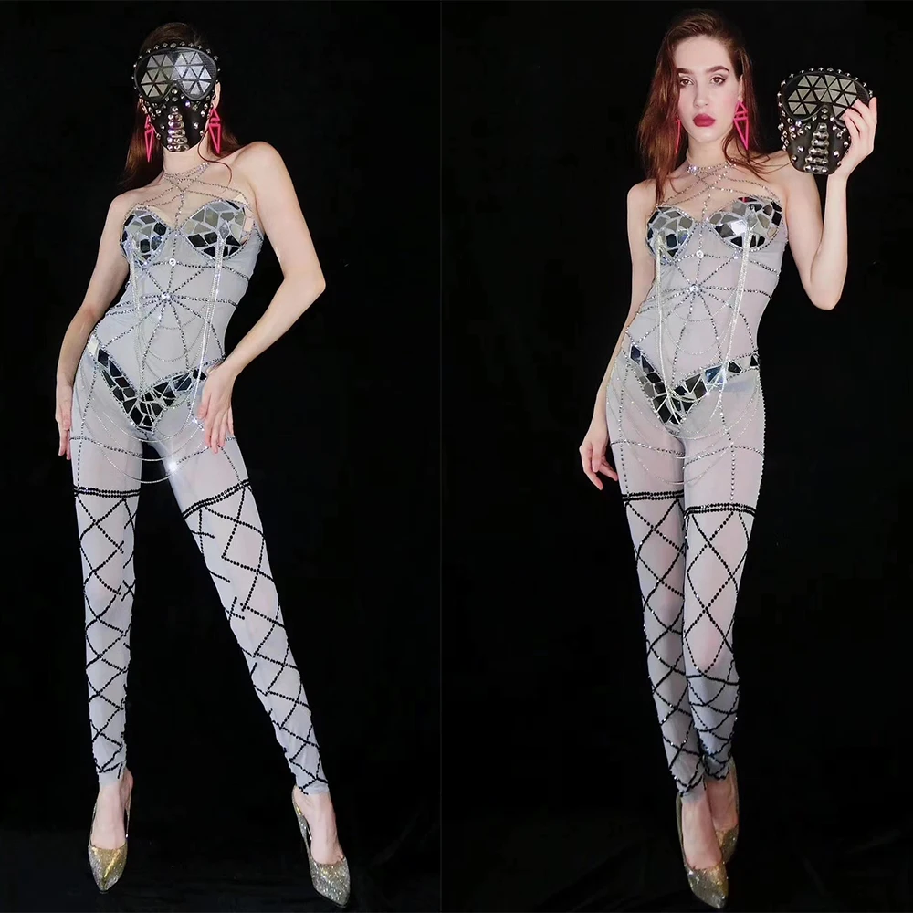 Grey Shining Rhinestones Mirror Sequins Sleeveless Sexy Jumpsuits With Mask For Women Nightclub DJ Clothing Prom Stage Costumes
Grey Shining Rhinestones Mirror Sequins Sleeveless Sexy Jumpsuits With Mask For Women Nightclub DJ Clothing Prom Stage Costumes