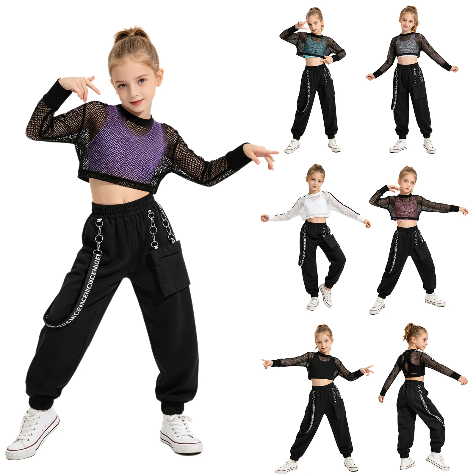 Kids Girls Hip Hop Jazz Street Dance Performance Outfit Sheer Mesh Crop Top with Cargo Pants Vest for Sports Workout Skateboard
Kids Girls Hip Hop Jazz Street Dance Performance Outfit Sheer Mesh Crop Top with Cargo Pants Vest for Sports Workout Skateboard