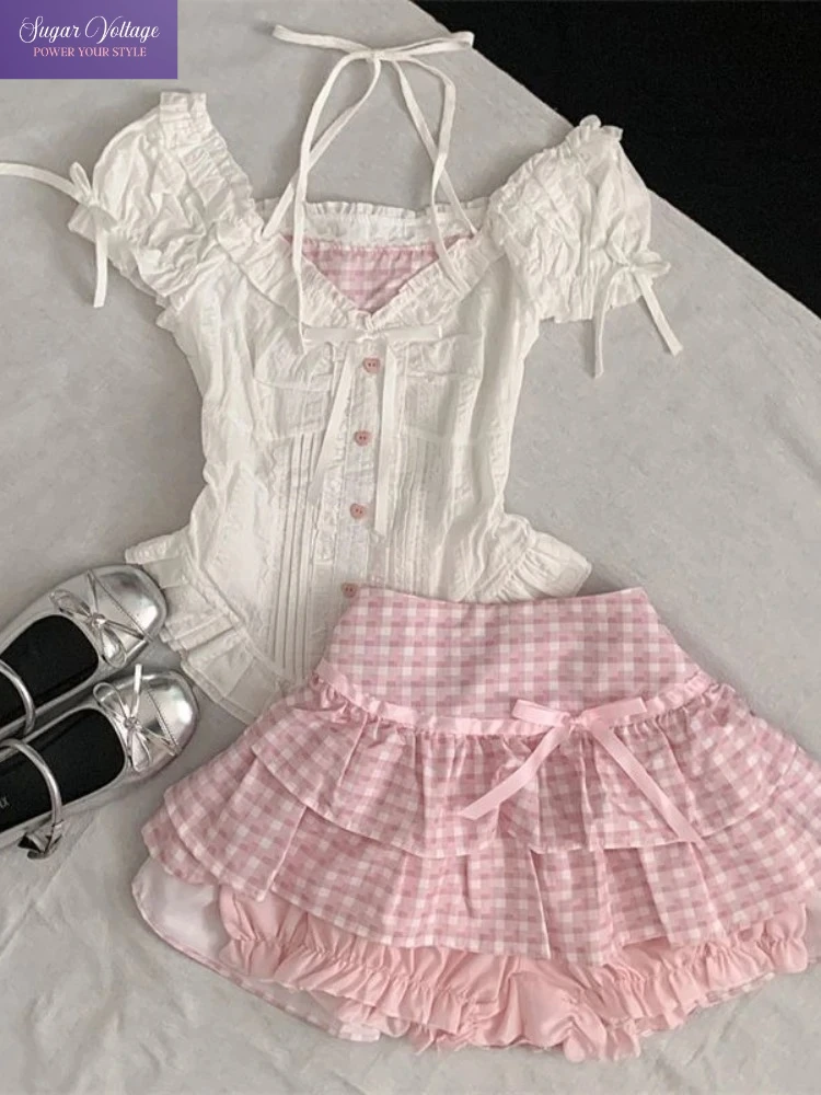 Japanese Sweet Cute Two Piece Set Women Slim Fit Puff Sleeve Top + Pink Plaid Cake Skirt Harajuku Kawaii Fashion Popular Clothes
Japanese Sweet Cute Two Piece Set Women Slim Fit Puff Sleeve Top + Pink Plaid Cake Skirt Harajuku Kawaii Fashion Popular Clothes
