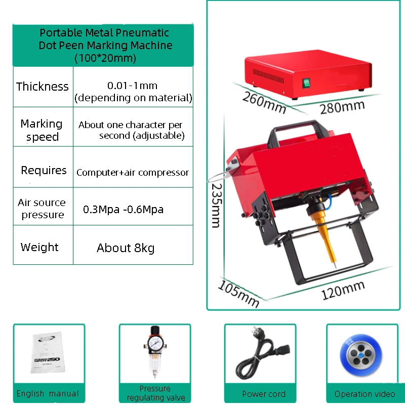 Portable Metal Pneumatic Dot Peen Marking Machine For VIN Code(100*20mm) Frame Chassis Number 220V/110V
Portable Metal Pneumatic Dot Peen Marking Machine For VIN Code(100*20mm) Frame Chassis Number 220V/110V