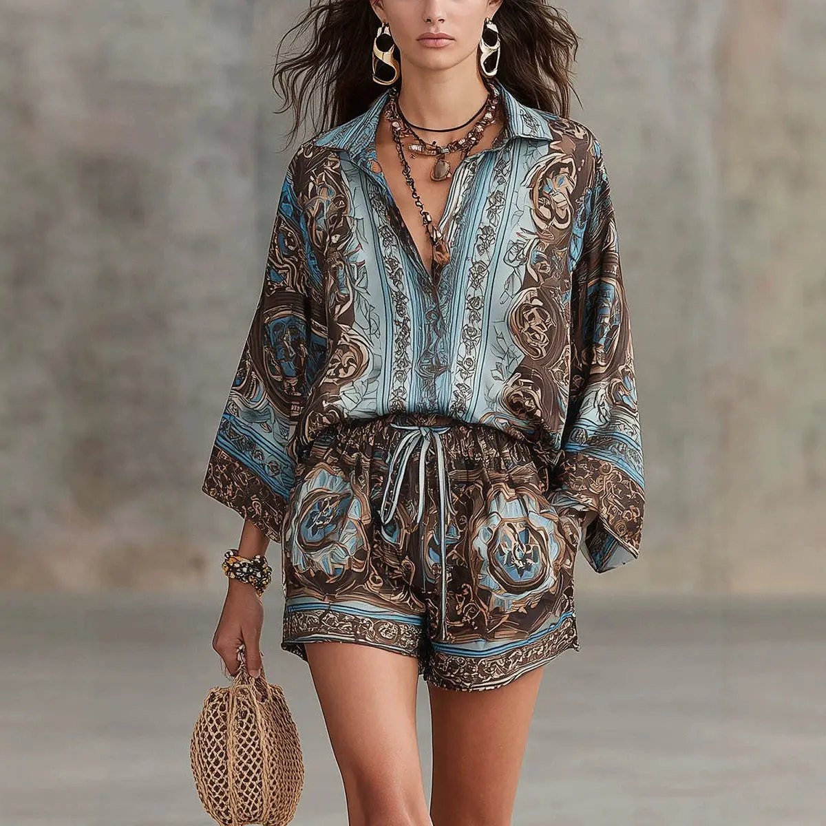 Boho Print 2 Piece Set for Women 3/4 Sleeve Shirt Top & Wide Leg Shorts Casual Loose Woman Matching Set Vacation Outfit
Boho Print 2 Piece Set for Women 3/4 Sleeve Shirt Top & Wide Leg Shorts Casual Loose Woman Matching Set Vacation Outfit