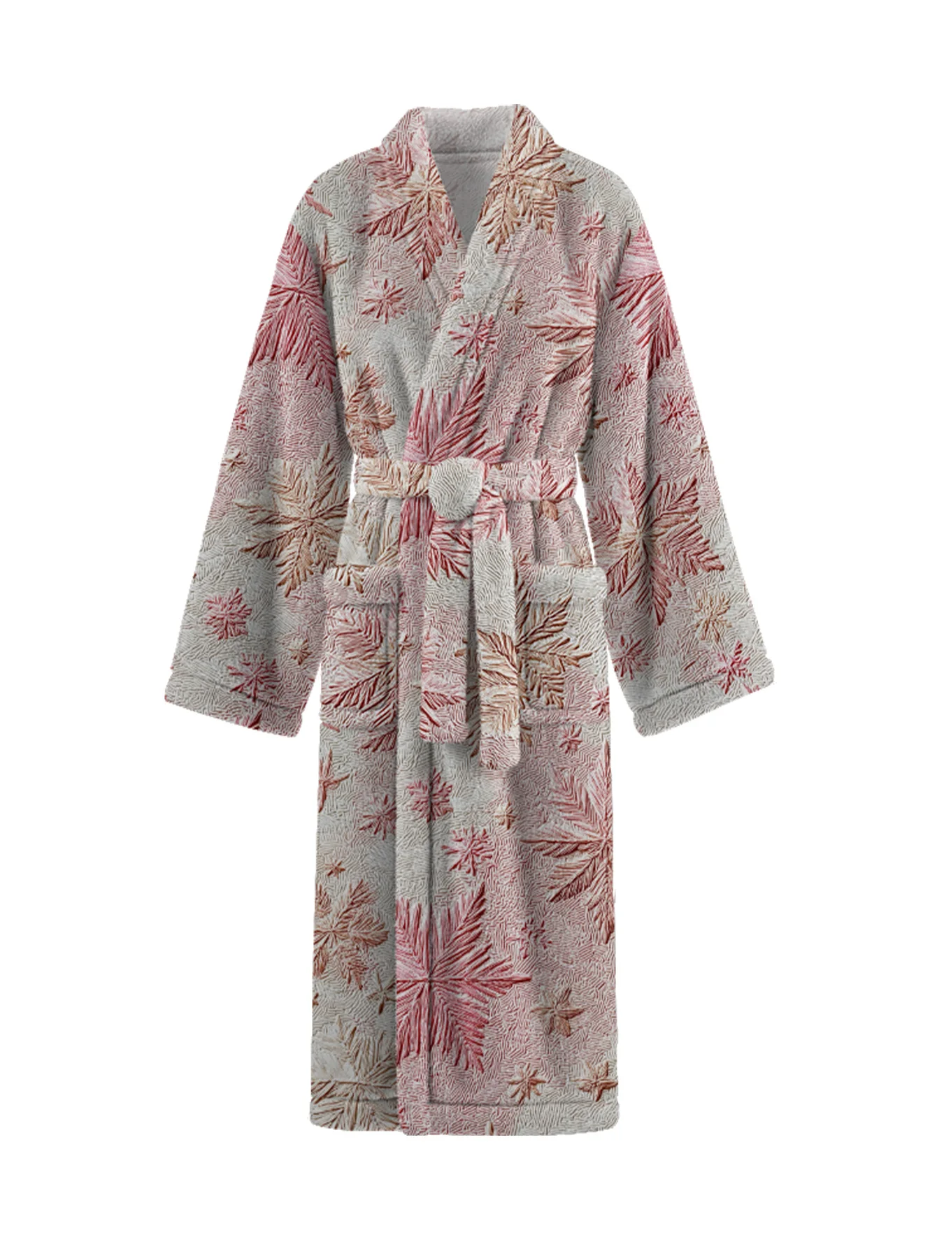 Уютный зимний халат с принтом снежинок и красно-коричневыми узорами Светло-серый мягкий регулируемый галстук с длинными рукавами и карманами для домашней одежды для дома
Уютный зимний халат с принтом снежинок и красно-коричневыми узорами Светло-серый мягкий регулируемый галстук с длинными рукавами и карманами для домашней одежды для дома