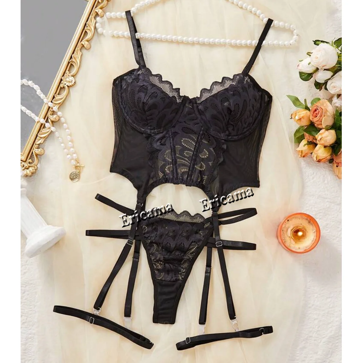 Lace Erotic Lingerie Set Bow Decor Strappy Hollow Out Intimates Bra & Thong & Garter Belt, Women's Sexy Lingerie & Underwear
Lace Erotic Lingerie Set Bow Decor Strappy Hollow Out Intimates Bra & Thong & Garter Belt, Women's Sexy Lingerie & Underwear