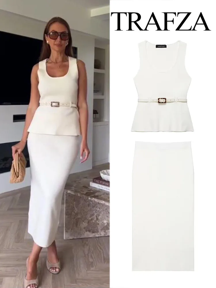 TRAFZA Women's Summer Fashion Crew Neck Belt Decoration Knitted Vest Sleeveless Top+Chic Elastic Waist Hem Slit Midi Skirt Suit
TRAFZA Women's Summer Fashion Crew Neck Belt Decoration Knitted Vest Sleeveless Top+Chic Elastic Waist Hem Slit Midi Skirt Suit