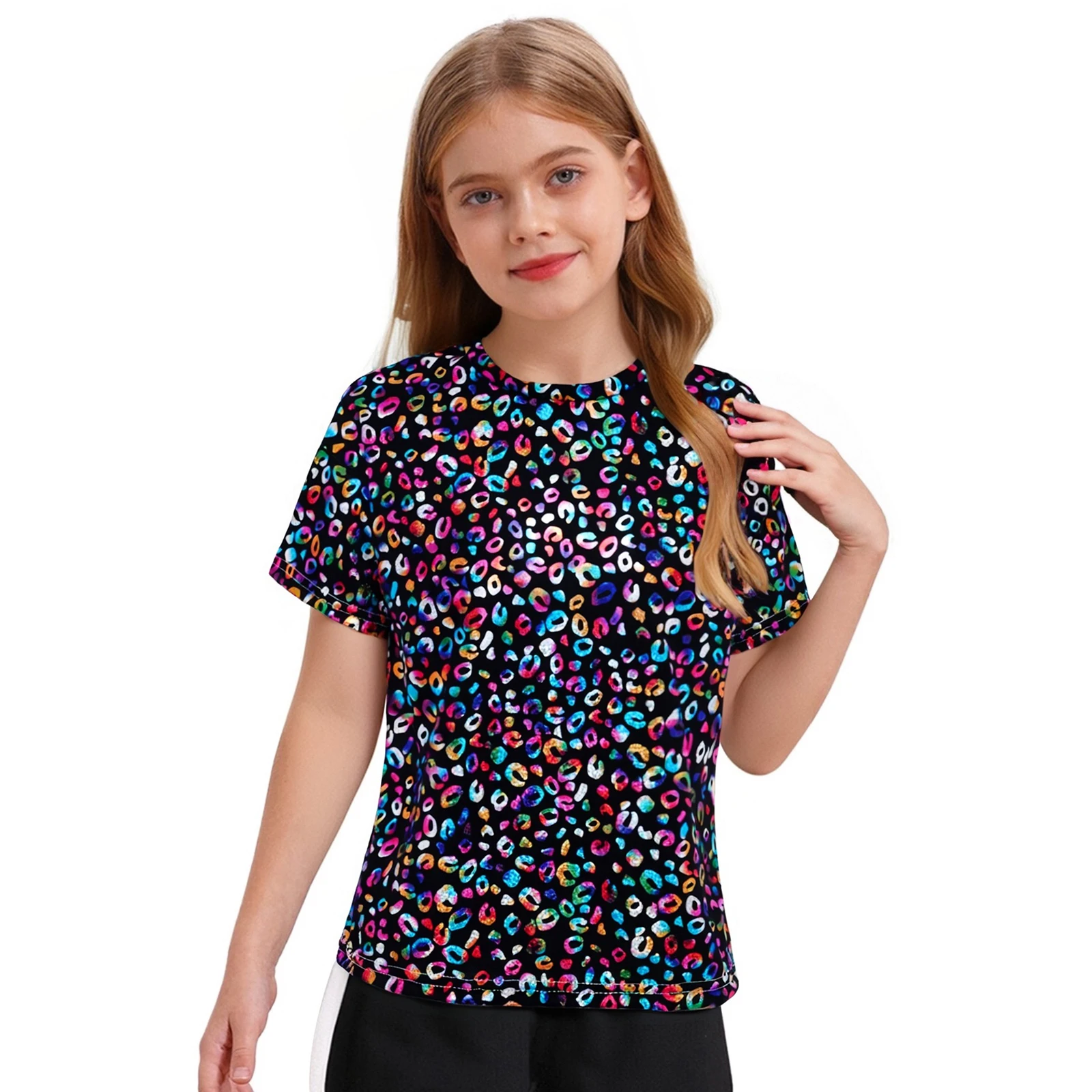 Kids Girls Stylish Metallic Leopard Print T-shirt Round Neck Short Sleeve Top Party Stage Jazz Dance Performance Costume
Kids Girls Stylish Metallic Leopard Print T-shirt Round Neck Short Sleeve Top Party Stage Jazz Dance Performance Costume