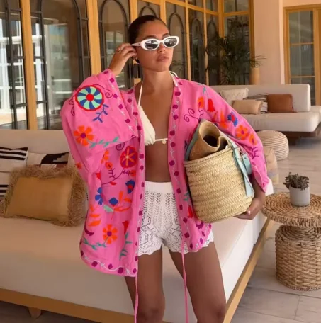 Colorful Floral Embroidery Open Front Jacket Long Flare Sleeve Tie Hem Pink Loose Short Cardigan Casual Women Outerwear 20260602
Colorful Floral Embroidery Open Front Jacket Long Flare Sleeve Tie Hem Pink Loose Short Cardigan Casual Women Outerwear 20260602