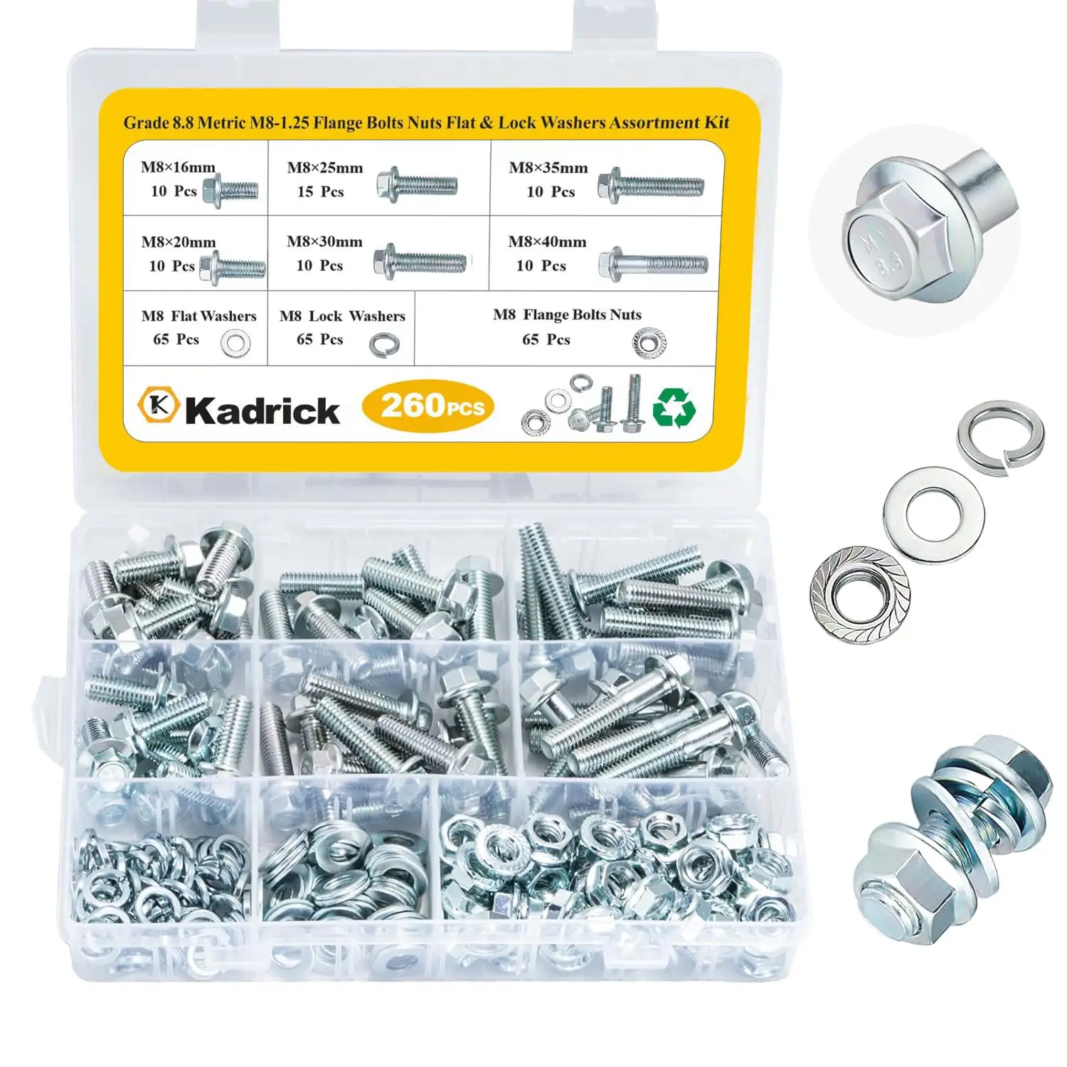 260Pcs M8 Flange Hex Bolts & Nuts Kit, Alloy Steel Class 8.8 Zinc Plated (M6/M10 Available)
260Pcs M8 Flange Hex Bolts & Nuts Kit, Alloy Steel Class 8.8 Zinc Plated (M6/M10 Available)