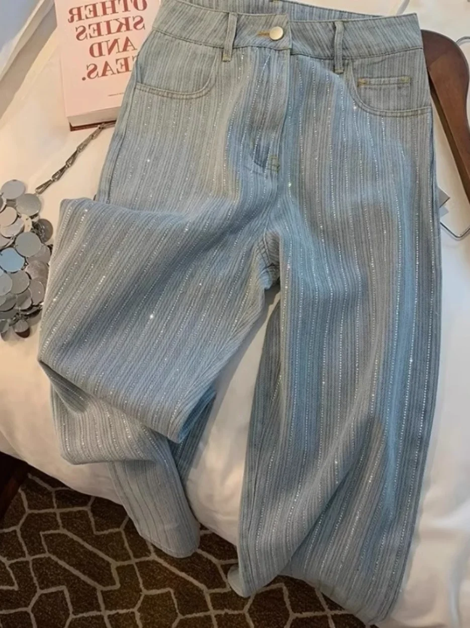 Faionable Striped Rhinestone Wide Leg Jeans Straight Cut Durable Denim Spring Autumn ex Unique Ele Casual Trousers
Faionable Striped Rhinestone Wide Leg Jeans Straight Cut Durable Denim Spring Autumn ex Unique Ele Casual Trousers