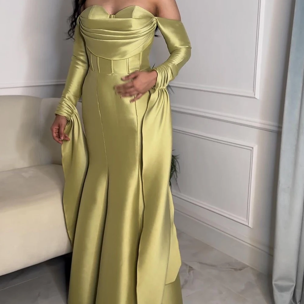 Customized Modern Sweetheart Pleats Off the Shoulder Long Sleeves Evening Dress Elegant Mermaid Satin Party Gown платье вечернее
Customized Modern Sweetheart Pleats Off the Shoulder Long Sleeves Evening Dress Elegant Mermaid Satin Party Gown платье вечернее