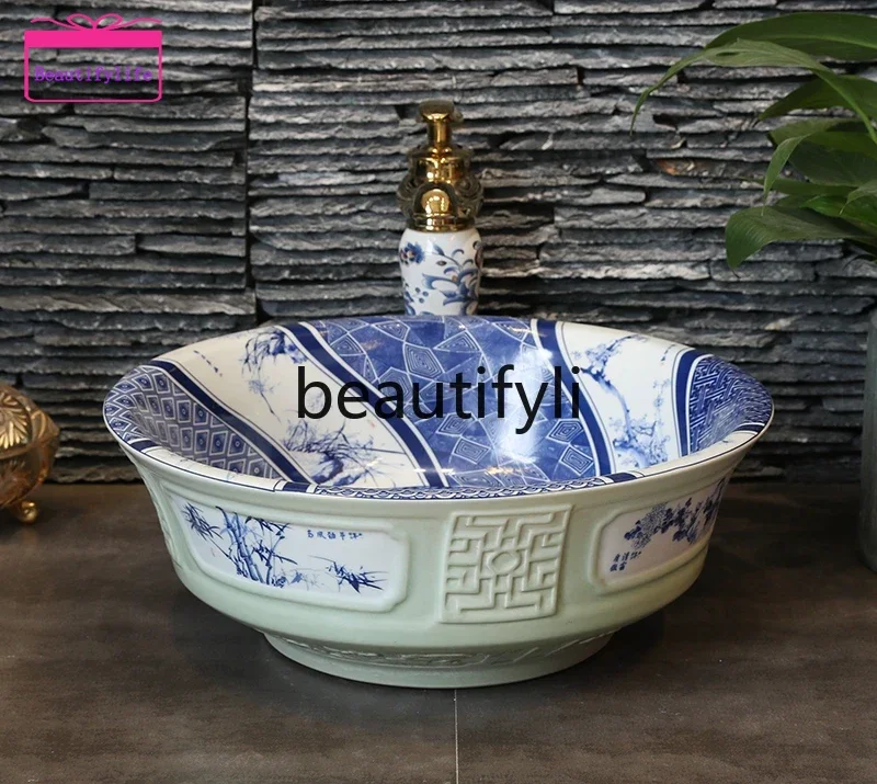 YL Retro art stage basin ceramic face wash blue and white round basin
YL Retro art stage basin ceramic face wash blue and white round basin
