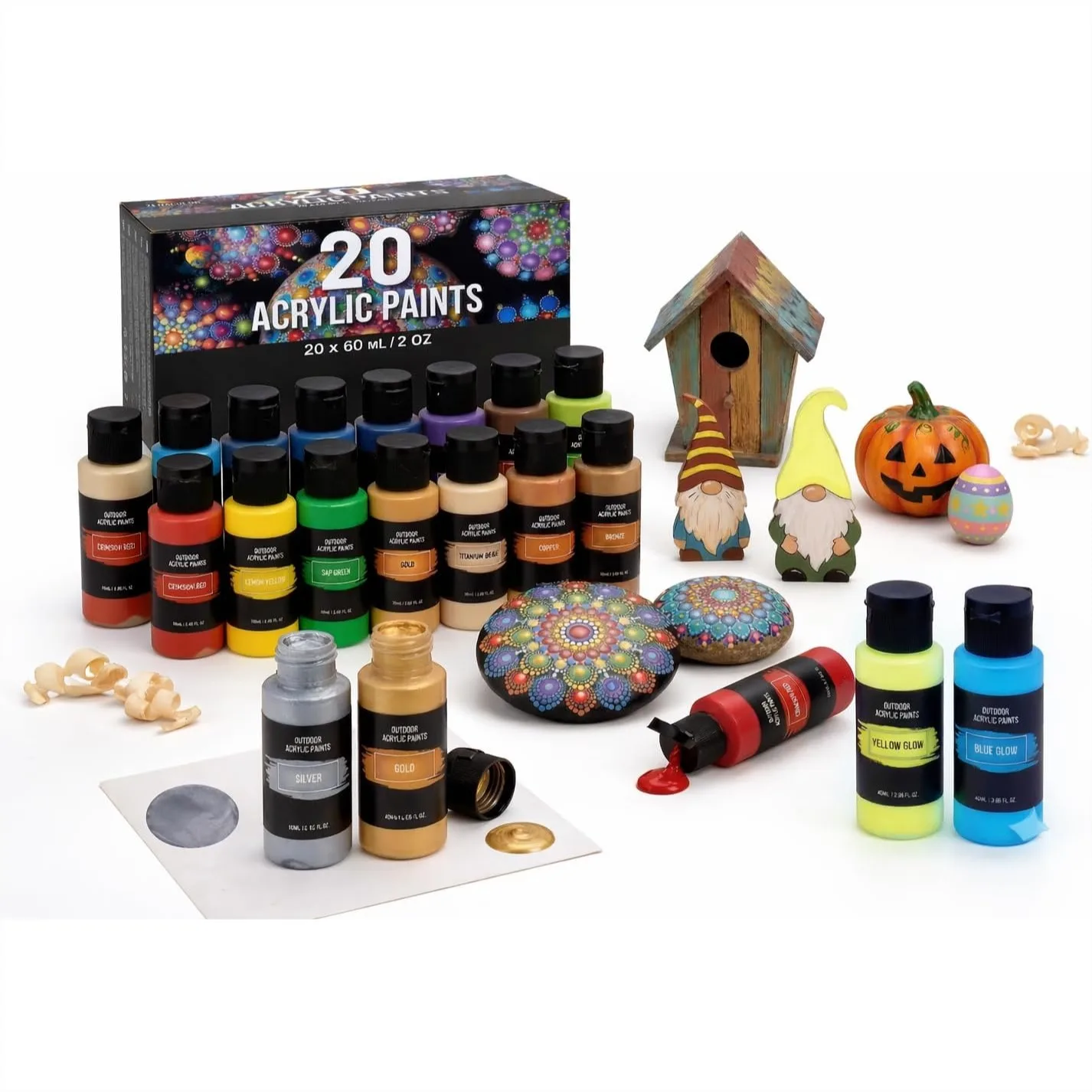 20-Color Outdoor Acrylic Paint Set 2 fl oz with Glow in the Dark Effect for Wood, Leather, Metal, Fabric & Rock Painting
20-Color Outdoor Acrylic Paint Set 2 fl oz with Glow in the Dark Effect for Wood, Leather, Metal, Fabric & Rock Painting