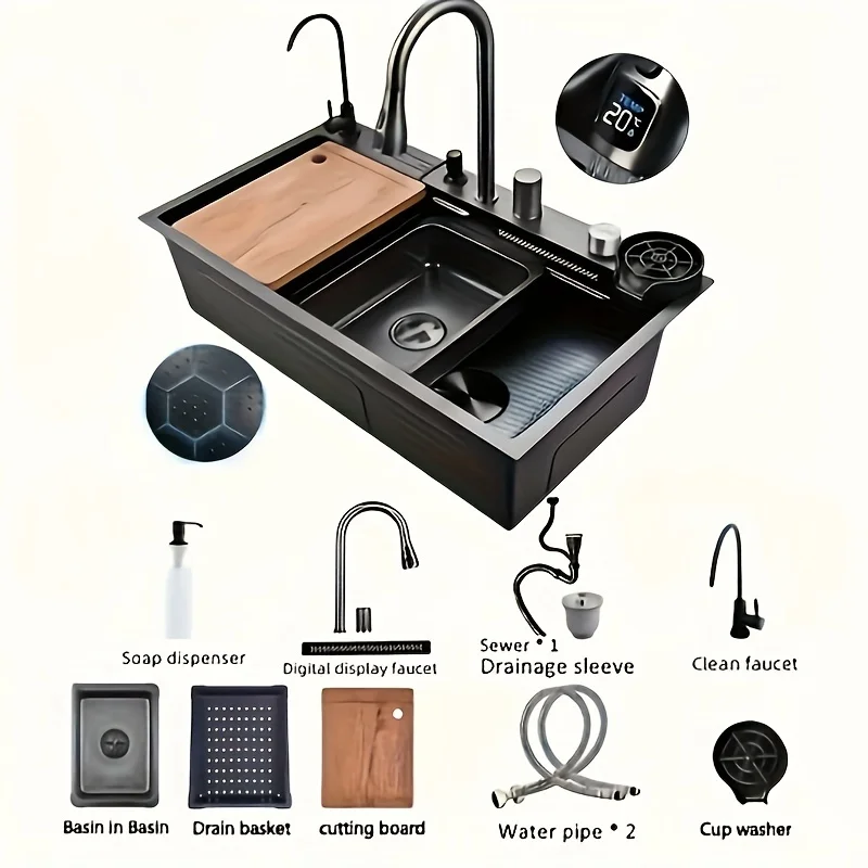 Elegant Stainless Steel Rectangular Kitchen Sink with Digital Display Faucet and Right Drainage Position - 22cm/8. 7in X 46cm/18. 1in
Elegant Stainless Steel Rectangular Kitchen Sink with Digital Display Faucet and Right Drainage Position - 22cm/8. 7in X 46cm/18. 1in