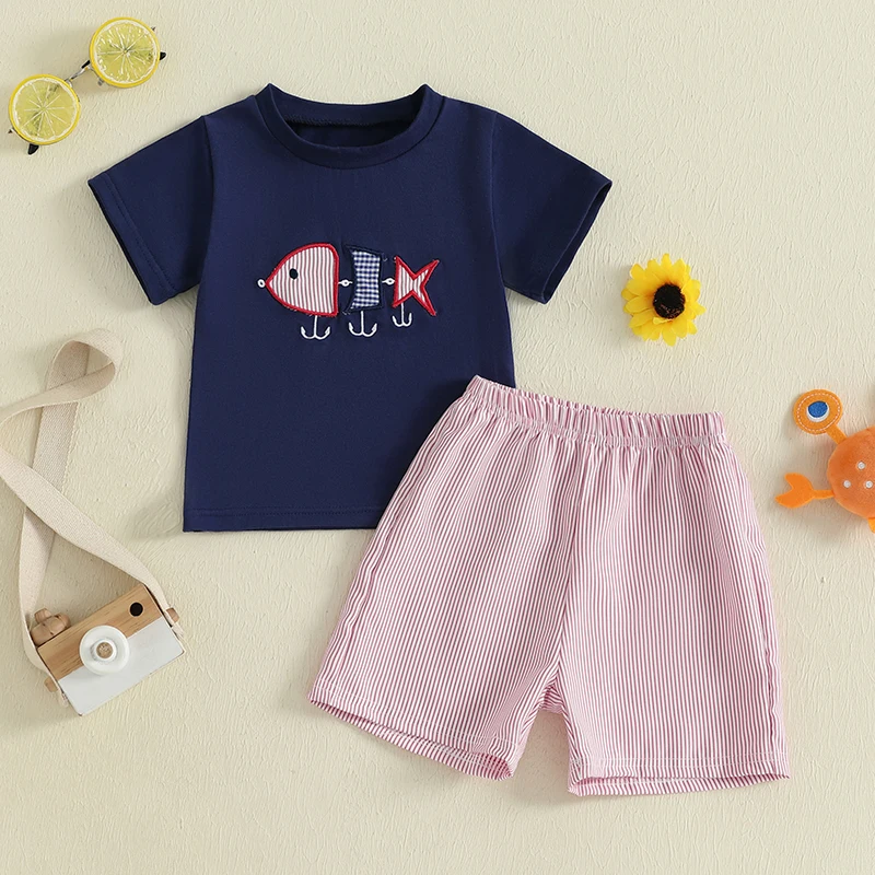 Toddler Boy Summer Outfit Fish Embroidered Short Sleeve Round Neck T-Shirt + Stripe Shorts 2Pcs Set
Toddler Boy Summer Outfit Fish Embroidered Short Sleeve Round Neck T-Shirt + Stripe Shorts 2Pcs Set