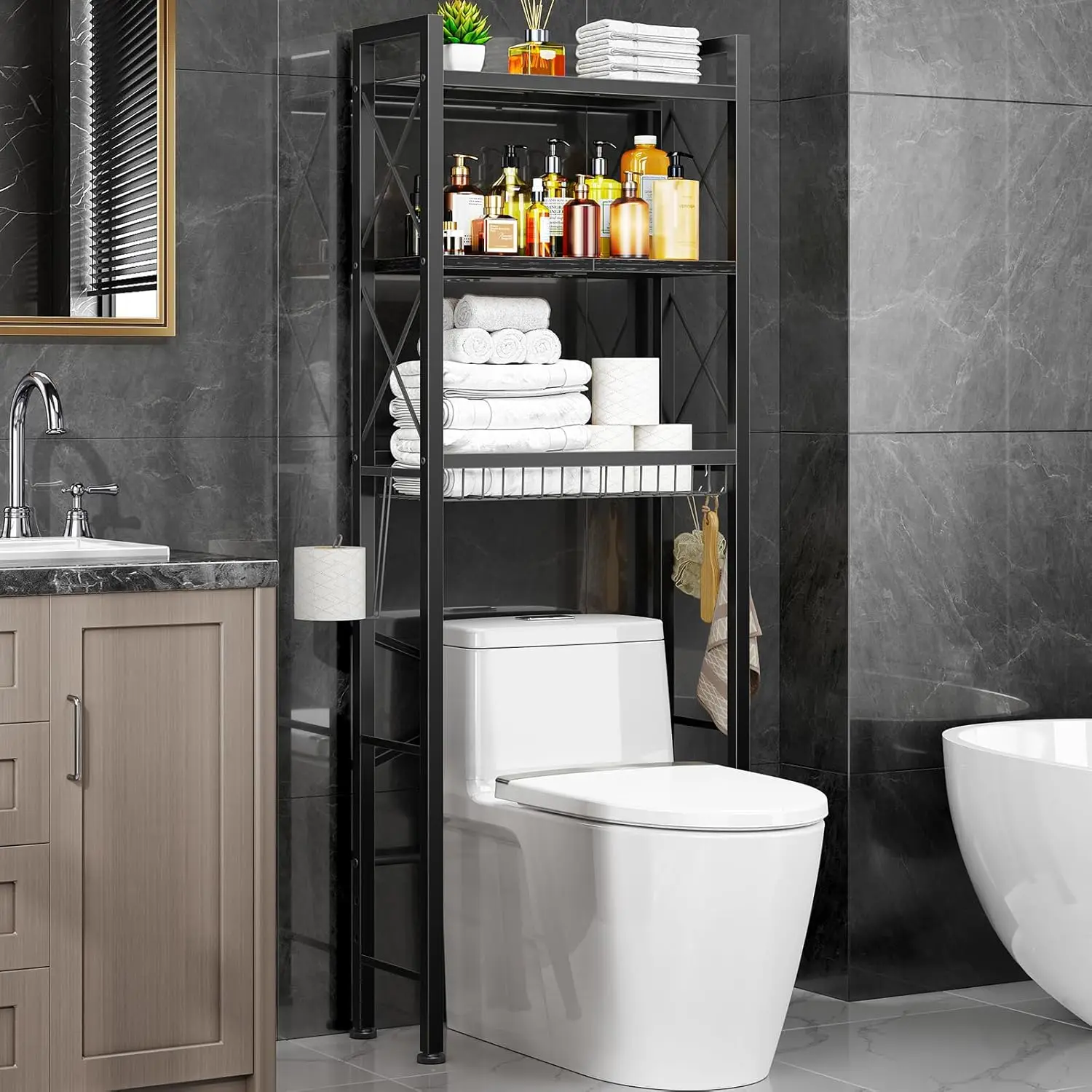 3-Tier Over Toilet Storage Rack with Drain Basket, Freestanding Bathroom Organizer for Laundry, Pure Black
3-Tier Over Toilet Storage Rack with Drain Basket, Freestanding Bathroom Organizer for Laundry, Pure Black