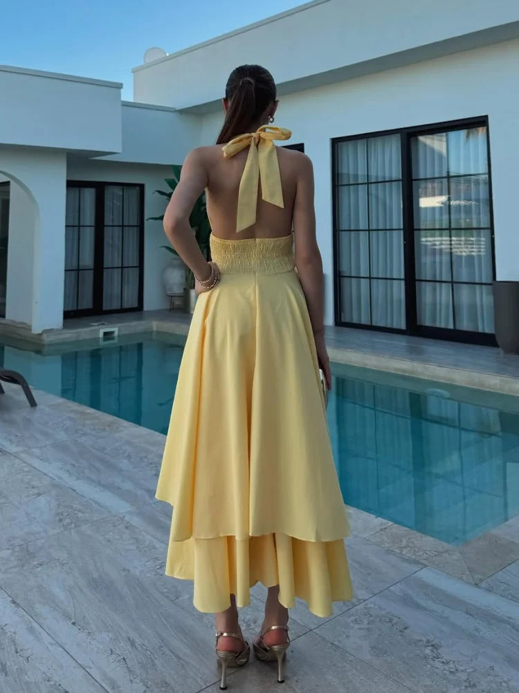 Sexy Solid Halter Women Summer Dress Fashion Deep V Neck Sleeveless Backless Layered Ruffle Maxi Dress 2026 Lady Vacation Robes
Sexy Solid Halter Women Summer Dress Fashion Deep V Neck Sleeveless Backless Layered Ruffle Maxi Dress 2026 Lady Vacation Robes