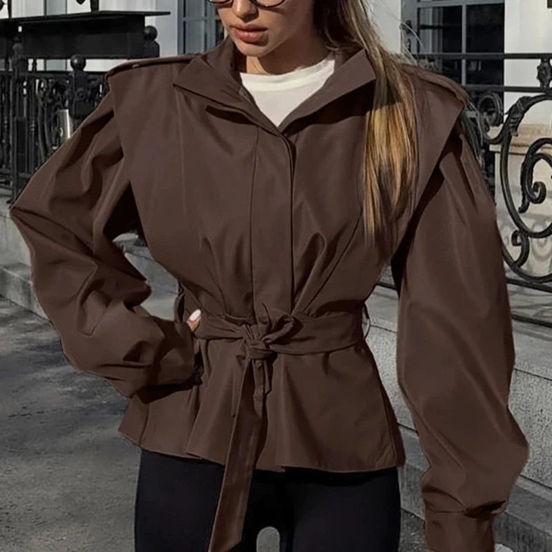 Solid Lace Up Lapel Jacket For Women Casual Full Sleeve Wide Shoulder Coats New Autumn Office Commute Outwear Streetwear Lady
Solid Lace Up Lapel Jacket For Women Casual Full Sleeve Wide Shoulder Coats New Autumn Office Commute Outwear Streetwear Lady