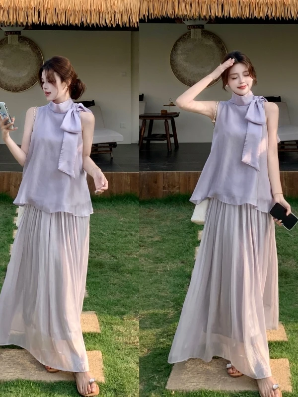 Fashionable plus Size Knot Sleeveless Top And Midi Skirt Set Conceal Flattering Summer Outfit Korean Style Loose Fit
Fashionable plus Size Knot Sleeveless Top And Midi Skirt Set Conceal Flattering Summer Outfit Korean Style Loose Fit