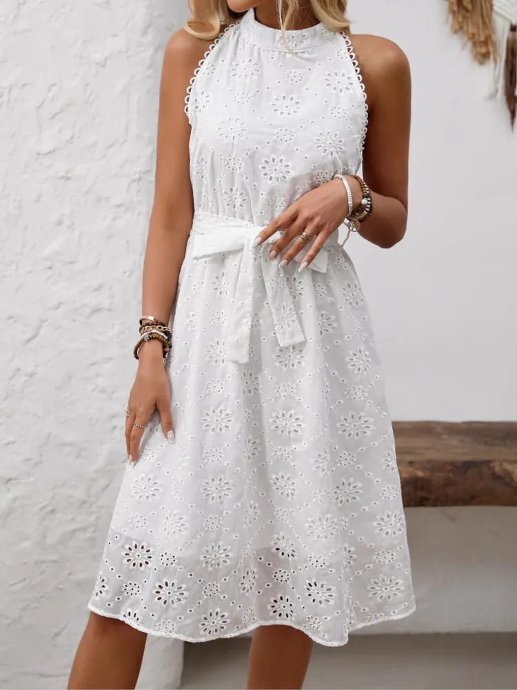 White Elegant Dress Women Fashion Lace Hook Flower Hollow O Neck Sleeveless Lace-up Loose Dresses Robe Femme Vestidos Holiday
White Elegant Dress Women Fashion Lace Hook Flower Hollow O Neck Sleeveless Lace-up Loose Dresses Robe Femme Vestidos Holiday