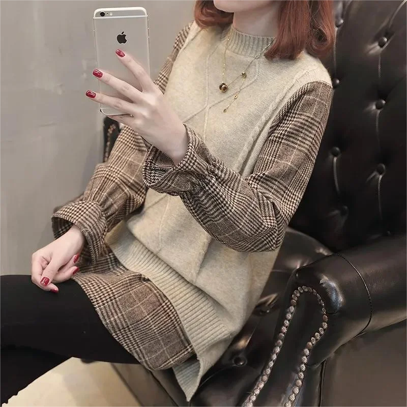 Autumn and Winter Sweater Women Knitted Houndstooth Pullover Stitching Fake Two-Piece Sweater Women's
Autumn and Winter Sweater Women Knitted Houndstooth Pullover Stitching Fake Two-Piece Sweater Women's