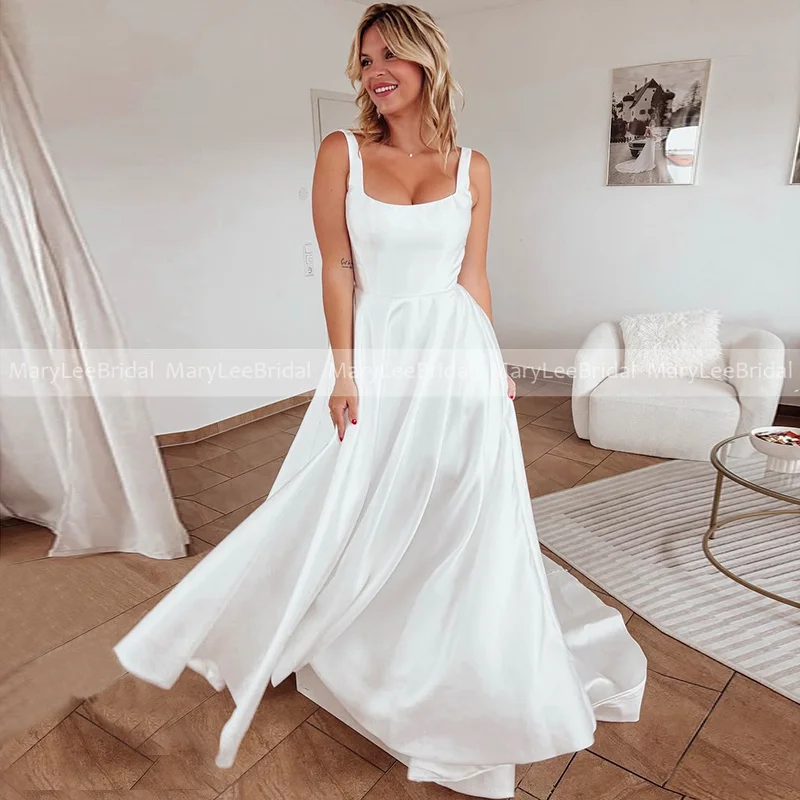 Satin A-line Wedding Dress with Straps Square Collar Corset Bodice White Ivory Bridal Gown Open Back Customized vestido de novia
Satin A-line Wedding Dress with Straps Square Collar Corset Bodice White Ivory Bridal Gown Open Back Customized vestido de novia