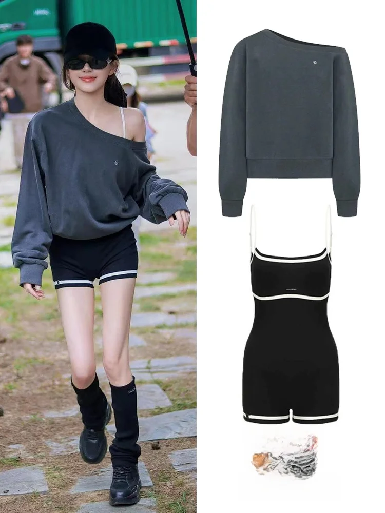 Sexy Trendy Shoulder Bared Hoodie Onesie Set Casual Loose Fit Long Sleeve round Neck Korean Style for Women Autumn Wear
Sexy Trendy Shoulder Bared Hoodie Onesie Set Casual Loose Fit Long Sleeve round Neck Korean Style for Women Autumn Wear