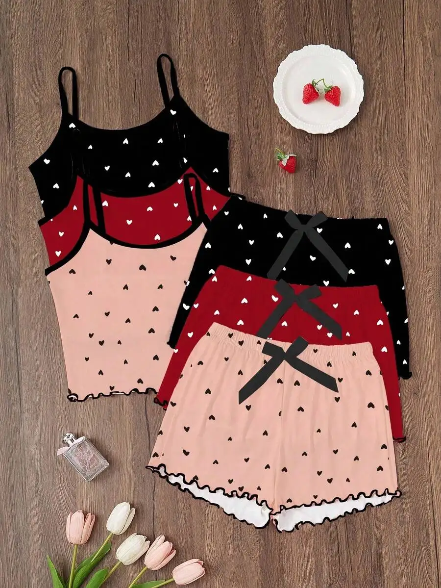 3-Piece Heart Print Camisole And Shorts Pajama Set For Women Sleepwear
3-Piece Heart Print Camisole And Shorts Pajama Set For Women Sleepwear