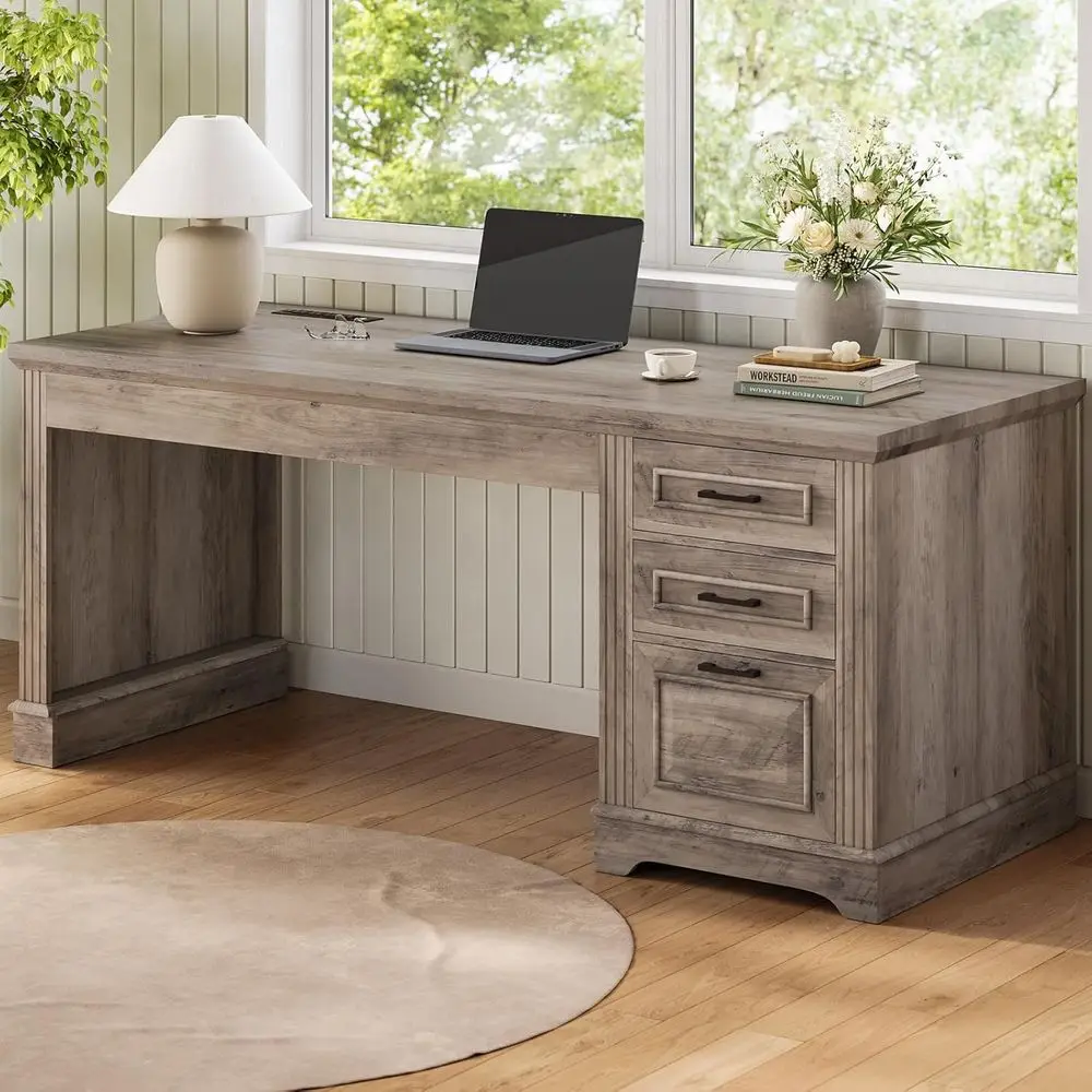 55 Grey Executive Home Office Desk with Storage Drawers and Power Outlet
55 Grey Executive Home Office Desk with Storage Drawers and Power Outlet
