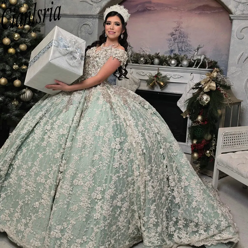 Mint Green Off The Shoulder Quinceanera Dresses Ball Gown Beading Crystal Appliques Lace Sweet 15 Años Mexican Customized
Mint Green Off The Shoulder Quinceanera Dresses Ball Gown Beading Crystal Appliques Lace Sweet 15 Años Mexican Customized