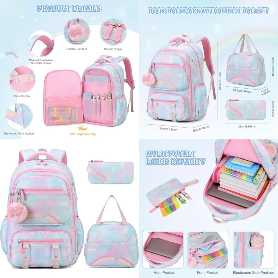 Backpack for Girls, Rainbow Butterfly Girls Backpacks with Lunch Bag Pencil Case Set, Backpack Kindergarten Elementary Middle S
Backpack for Girls, Rainbow Butterfly Girls Backpacks with Lunch Bag Pencil Case Set, Backpack Kindergarten Elementary Middle S