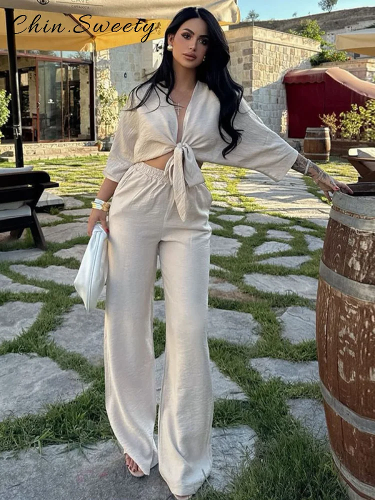 Fashion Lace Up Shirt Trouser Set Women Loose Solid Full Sleeve Crop Tops High Waist Wide Leg Pants 2025 Summer Lady Streetwear
Fashion Lace Up Shirt Trouser Set Women Loose Solid Full Sleeve Crop Tops High Waist Wide Leg Pants 2025 Summer Lady Streetwear