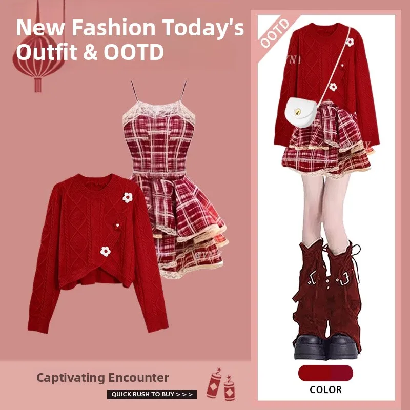 Red Knitted Sweater And Plaid Dr Two-Piece Set for Women New Year's Celebration Autumn Winter Large Size Faion Ensemble
Red Knitted Sweater And Plaid Dr Two-Piece Set for Women New Year's Celebration Autumn Winter Large Size Faion Ensemble