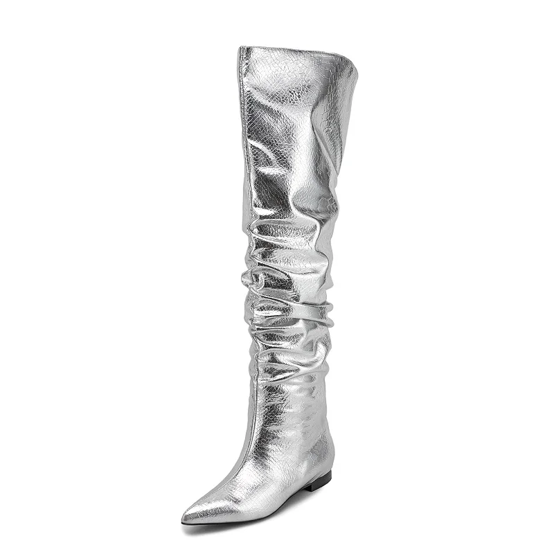Women Knee High Boots European Pleated Shoes Laser Silver Botas Slip On American Woman Winter Shoes Embossed Botas Size 47
Women Knee High Boots European Pleated Shoes Laser Silver Botas Slip On American Woman Winter Shoes Embossed Botas Size 47