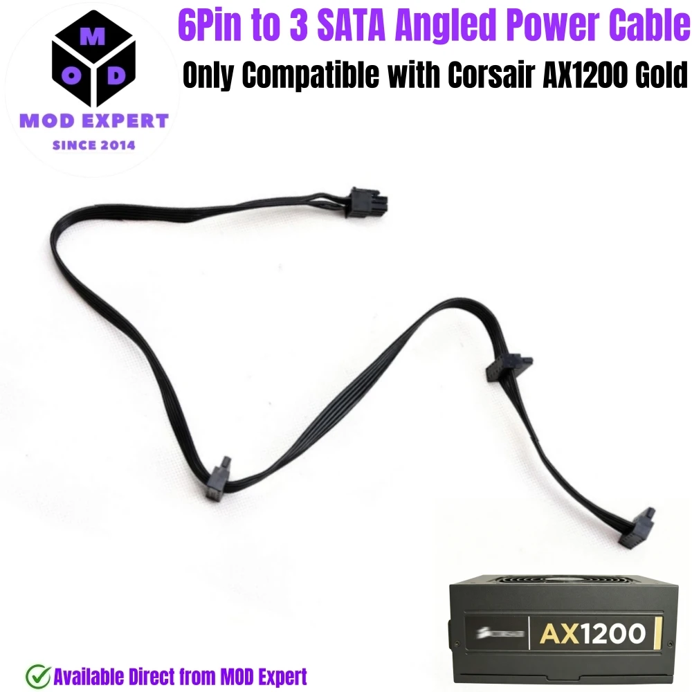 6-Pin to 3x SATA Angled for Corsair Professional Series Gold AX1200 Modular Power Supply, SSD HDD Power Cable 50+15+15 CM 18AWG
6-Pin to 3x SATA Angled for Corsair Professional Series Gold AX1200 Modular Power Supply, SSD HDD Power Cable 50+15+15 CM 18AWG