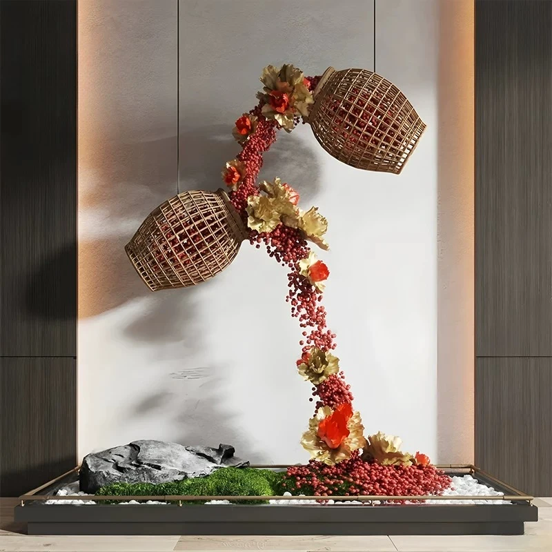 Installation bamboo woven bamboo basket art landscaping upside down suspended red bean hotel space decorative landscape
Installation bamboo woven bamboo basket art landscaping upside down suspended red bean hotel space decorative landscape