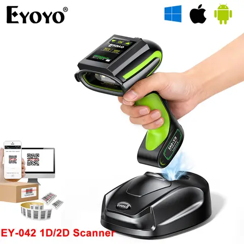 Eyoyo EY-042 1D&2D Bluetooth Wireless Industrial Bar Code Reader with 1.44" TFT Screen&Charging Dock For Computer Android iPhone