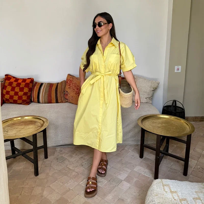 Casual Women's Lace Up Dress Single-Breasted Turn-Down Collar Short Sleeve Lady Dresses 2025 Spring Summer Loose Female Robe
Casual Women's Lace Up Dress Single-Breasted Turn-Down Collar Short Sleeve Lady Dresses 2025 Spring Summer Loose Female Robe