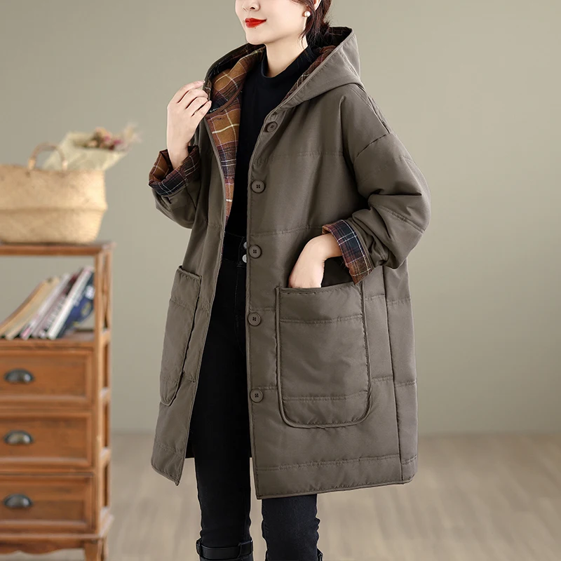 Новый модный негабаритный клетчатый цветной блуз с капюшоном, тонкий хлопковый дэт средней длины, теплый однотонный цвет с пуговицами для женщин
Новый модный негабаритный клетчатый цветной блуз с капюшоном, тонкий хлопковый дэт средней длины, теплый однотонный цвет с пуговицами для женщин