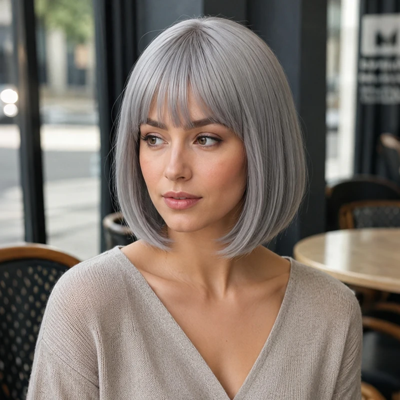12-inch elegant silver-grey bob synthetic wig, modern style with neat bangs for women.
12-inch elegant silver-grey bob synthetic wig, modern style with neat bangs for women.