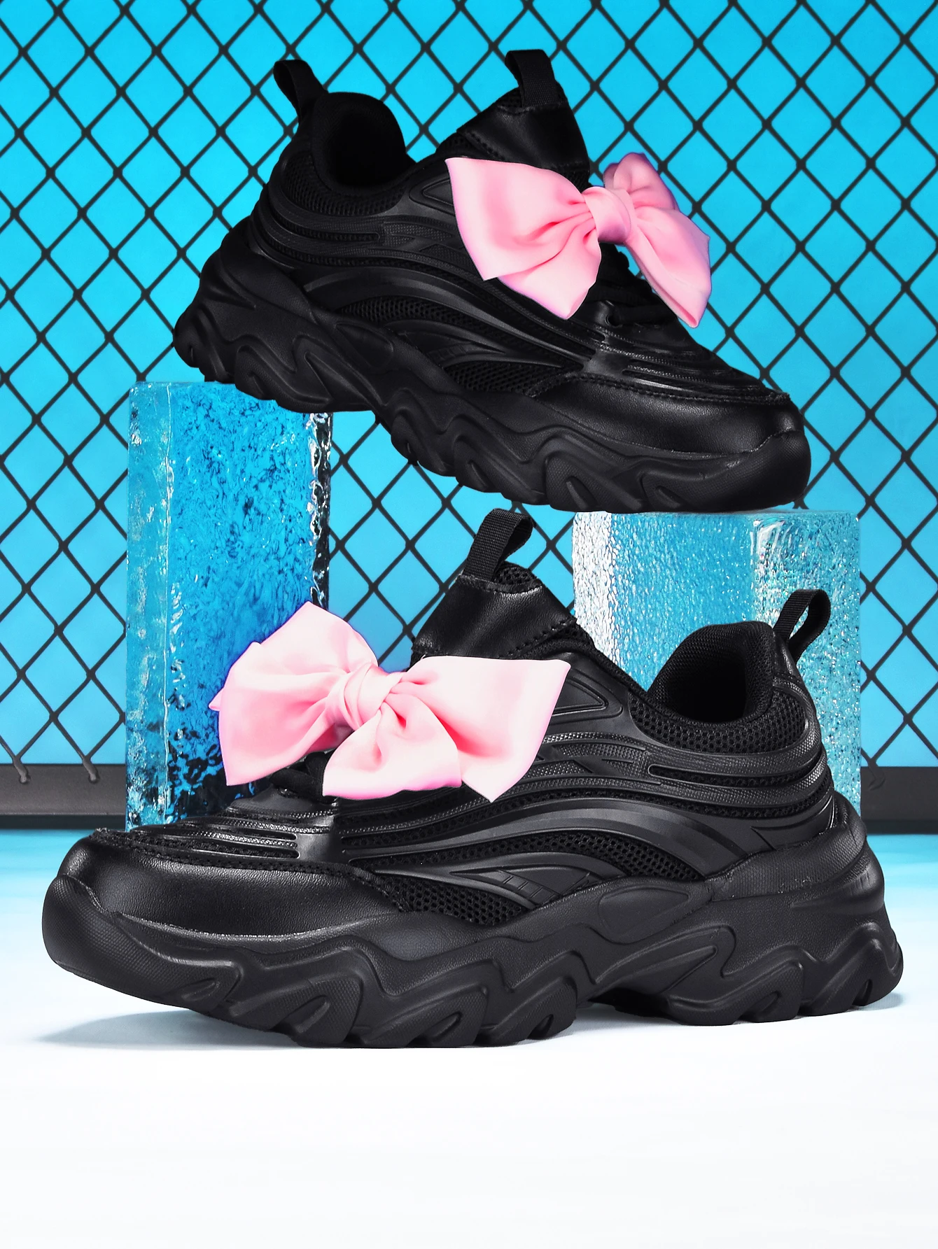 Women's Black Platform Sneakers with 5cm Height Increase, Detachable Pink Satin Bow Decoration, Casual Sports Shoes with Breathable Mesh, Eva Irregular-Shaped Soft Sole, Lightweight, Unique Design, Suitable for Students, Campus Daily Commute, Versatile fo
Women's Black Platform Sneakers with 5cm Height Increase, Detachable Pink Satin Bow Decoration, Casual Sports Shoes with Breathable Mesh, Eva Irregular-Shaped Soft Sole, Lightweight, Unique Design, Suitable for Students, Campus Daily Commute, Versatile fo