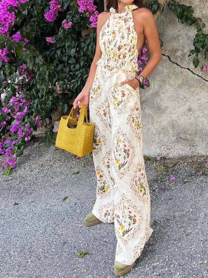 Women Floral Print 100% Linen Pants Suit Summer Halter Neck Sleeveless Backless Vest Tops + High Waist Wide Leg Trousers Set
Women Floral Print 100% Linen Pants Suit Summer Halter Neck Sleeveless Backless Vest Tops + High Waist Wide Leg Trousers Set