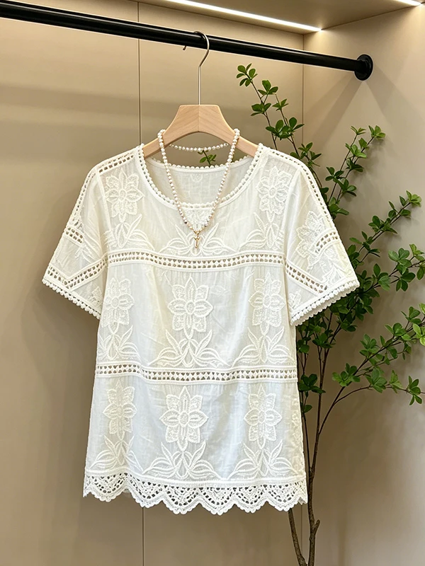 Large Size Hollow out Lace Short Sleeve T-Shirt Women's Fashionable Shoulder Length Summer New Loose Style Anti-Aging Top
Large Size Hollow out Lace Short Sleeve T-Shirt Women's Fashionable Shoulder Length Summer New Loose Style Anti-Aging Top