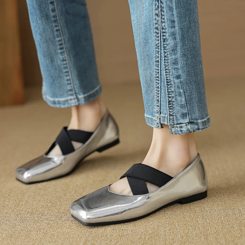 silver Women's Ballet Flats with Shallow Mouth, Vintage Cross-Strap Square-Toe Shoes
silver Women's Ballet Flats with Shallow Mouth, Vintage Cross-Strap Square-Toe Shoes
