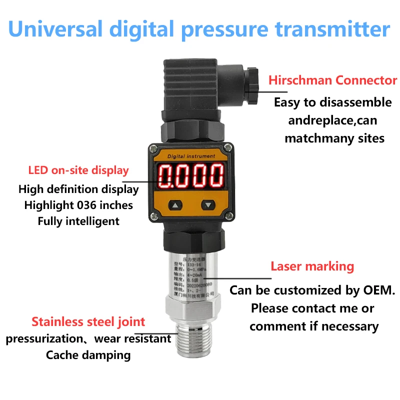 Digital pressure transmitter 4-20mA high-precision diffusion silicon chip pressure sensor with digital display
