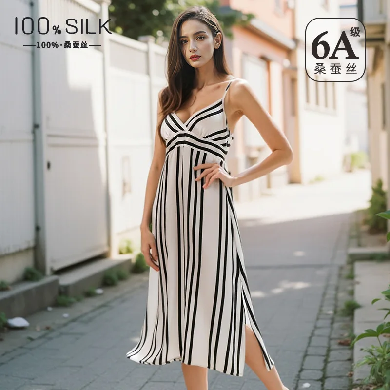 Summer New 100% Mulberry Silk Slip Dress Women Black White Stripe Sexy Backless Nightgown Luxury Silk Loungewear Sleep Dress
Summer New 100% Mulberry Silk Slip Dress Women Black White Stripe Sexy Backless Nightgown Luxury Silk Loungewear Sleep Dress