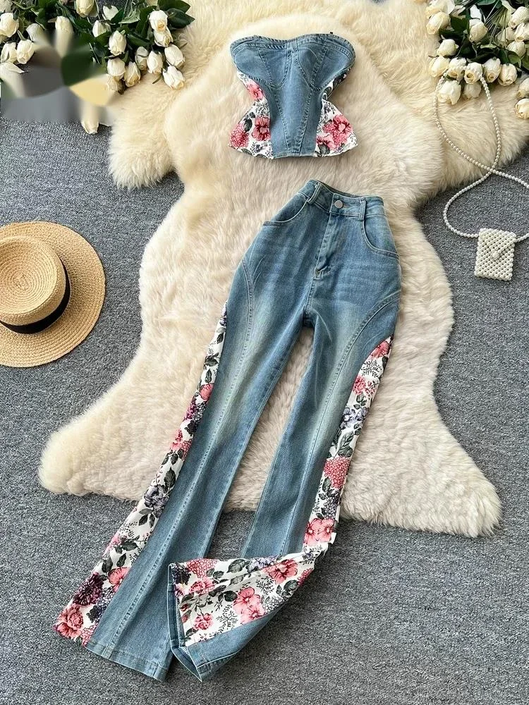 Print Patchwork Denim Sets Summer Backless Elastic Bodycon Crop Top+Slim Flare Pant Women American Retro Y2K 2pcs Sets
Print Patchwork Denim Sets Summer Backless Elastic Bodycon Crop Top+Slim Flare Pant Women American Retro Y2K 2pcs Sets