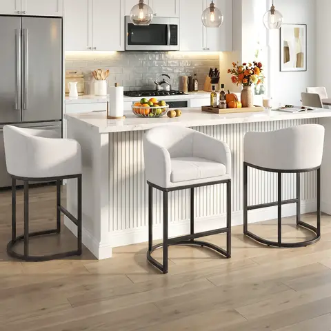 Upgraded 26" Counter Height Bar Stools Set of 2/3, 300LBS Heavy-Duty Metal Frame, 3.74" Thick Plush Double-Layer Cushion & Curved Backrest, Breathable Cotton Linen Barrel Design, Anti-Slip Rubber Feet,for Kitchen Island Home Bar