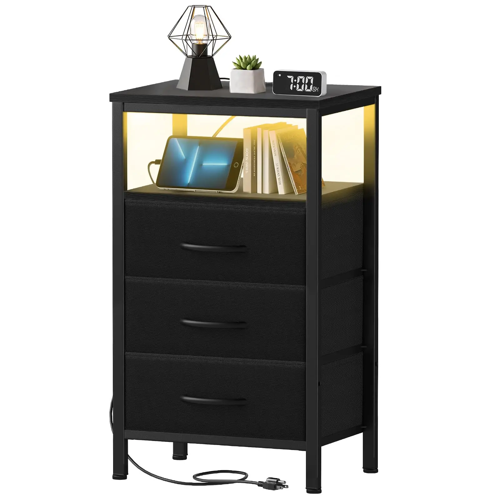 Modern Black Fabric Nightstand With 4 Drawers, Integrated LED Lighting, USB & Type-C Charging Ports, And Power Outlet
Modern Black Fabric Nightstand With 4 Drawers, Integrated LED Lighting, USB & Type-C Charging Ports, And Power Outlet