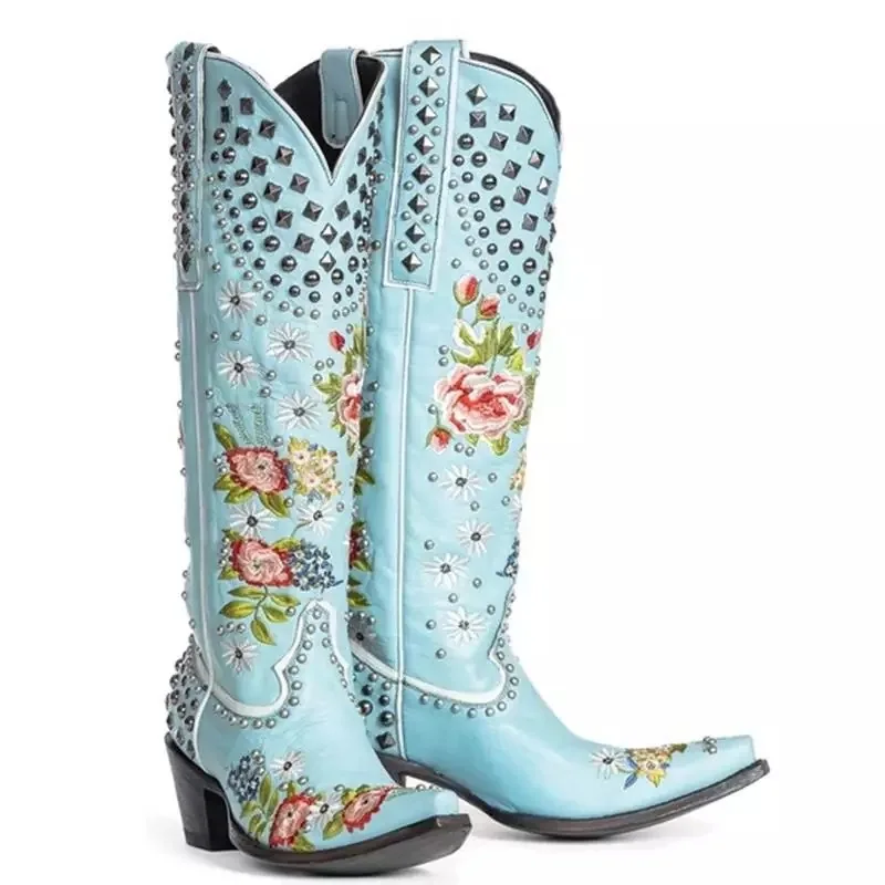 Sky Blue Black Rural Flower Embroidery Rivets Stud Top Knee Boots Woman Med Chunky Heel Multi Floral Western Vintage Boots
Sky Blue Black Rural Flower Embroidery Rivets Stud Top Knee Boots Woman Med Chunky Heel Multi Floral Western Vintage Boots